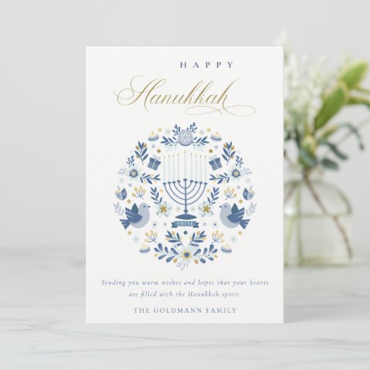 Elegant Classy Navy Blue Happy Hanukkah Floral Feestdagenkaart (Staand voorkant)