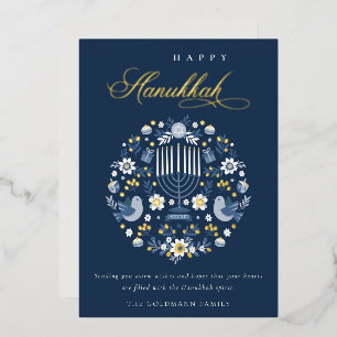 Elegant Classy Navy Blue Happy Hanukkah Floral Folie Feestdagenkaart