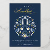 Elegant Classy Navy Blue Happy Hanukkah Floral Folie Feestdagenkaart (Voorkant)