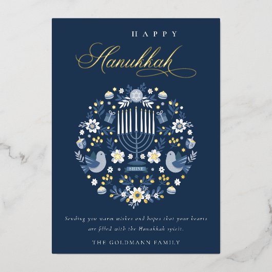 Elegant Classy Navy Blue Happy Hanukkah Floral Folie Feestdagenkaart (Voorkant)