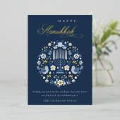 Elegant Classy Navy Blue Happy Hanukkah Floral Folie Feestdagenkaart (Staand Voorkant)