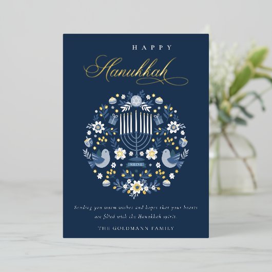 Elegant Classy Navy Blue Happy Hanukkah Floral Folie Feestdagenkaart (Staand Voorkant)