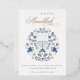 Elegant Classy Navy Blue Happy Hanukkah Floral Folie Feestdagenkaart