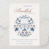 Elegant Classy Navy Blue Happy Hanukkah Floral Folie Feestdagenkaart (Voorkant)