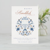 Elegant Classy Navy Blue Happy Hanukkah Floral Folie Feestdagenkaart (Staand Voorkant)