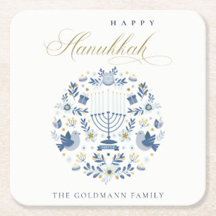Elegant Classy Navy Blue Happy Hanukkah Floral Kartonnen Onderzetters