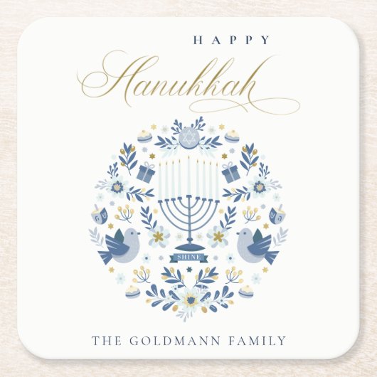 Elegant Classy Navy Blue Happy Hanukkah Floral Kartonnen Onderzetters (Voorkant)