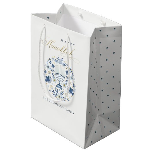 Elegant Classy Navy Blue Happy Hanukkah Floral Medium Cadeauzakje (Achterkant Gekanteld)