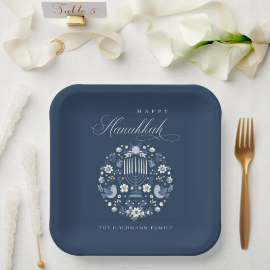 Elegant Classy Navy Blue Happy Hanukkah Floral Papieren Bordje (Huwelijk)