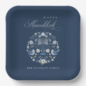 Elegant Classy Navy Blue Happy Hanukkah Floral Papieren Bordje (Voorkant)