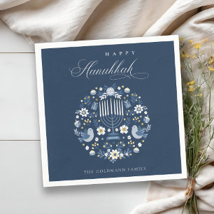 Elegant Classy Navy Blue Happy Hanukkah Floral Servet