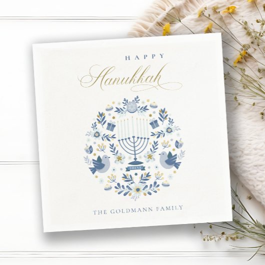 Elegant Classy Navy Blue Happy Hanukkah Floral Servet