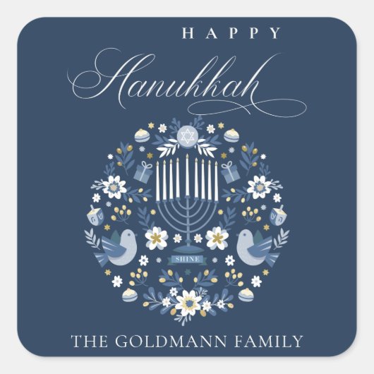 Elegant Classy Navy Blue Happy Hanukkah Floral Vierkante Sticker (Voorkant)