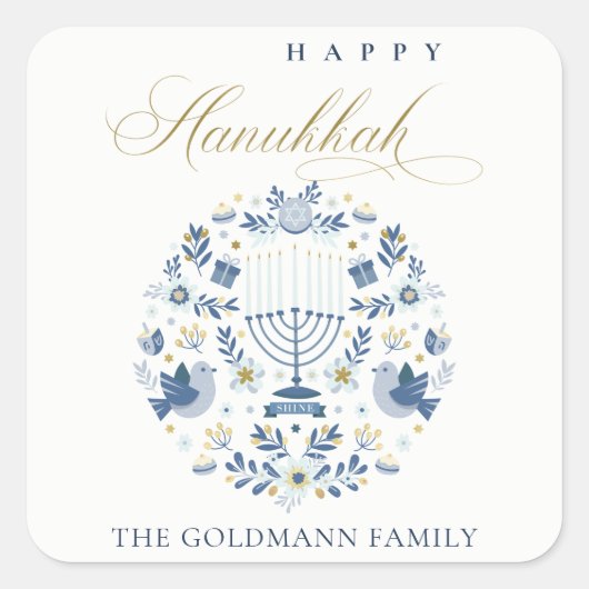 Elegant Classy Navy Blue Happy Hanukkah Floral Vierkante Sticker (Voorkant)