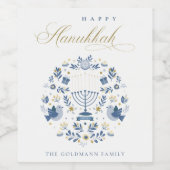 Elegant Classy Navy Blue Happy Hanukkah Floral Wijn Etiket (Enkel label)