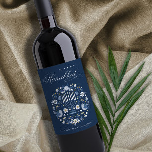 Elegant Classy Navy Blue Happy Hanukkah Floral Wijn Etiket