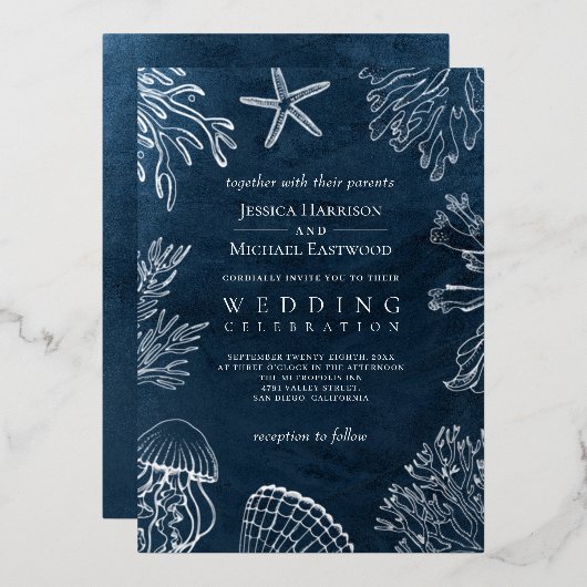 Elegant Classy Navy Blue Ocean Beach Wedding Folie Uitnodiging (Voorkant / Achterkant)