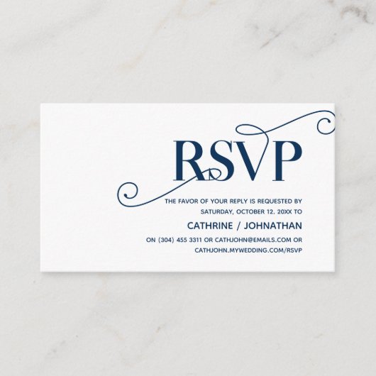 Elegant Classy, Navy Blue Script, RSVP reageert Informatiekaartje (Voorkant)