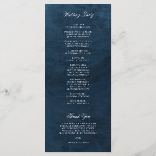 Elegant Classy Navy Blue Waterverf Wedding Programmakaart (Achterkant)