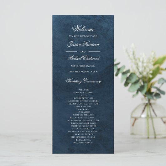 Elegant Classy Navy Blue Waterverf Wedding Programmakaart (Staand voorkant)