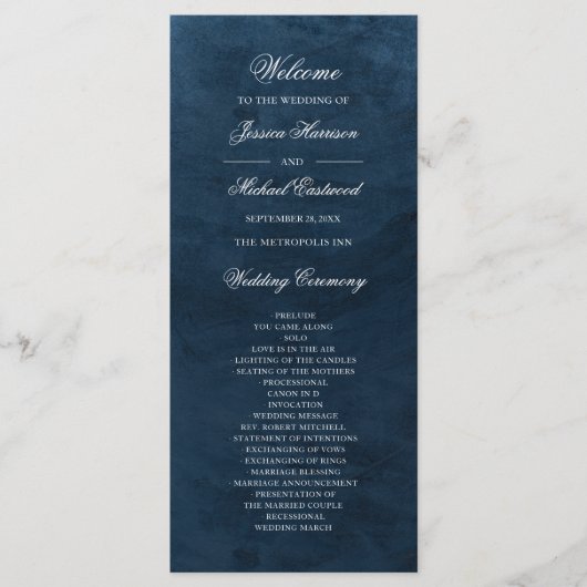 Elegant Classy Navy Blue Waterverf Wedding Programmakaart (Voorkant)