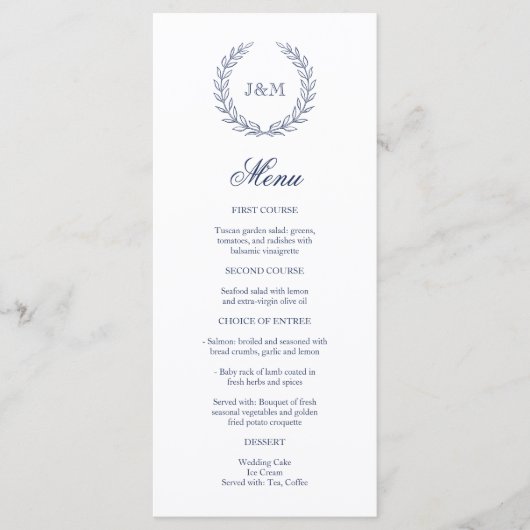 Elegant Classy Navy Blue Wedding Monogram Menu (Voorkant)