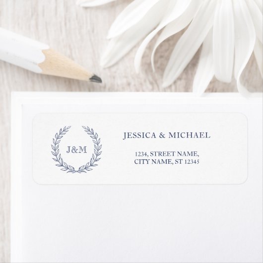 Elegant Classy Navy Blue Wreath Wedding Monogram Etiket (Insitu)