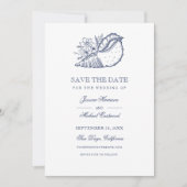 Elegant Classy Navy Seashell Beach Weddenfoto Save The Date (Voorkant)
