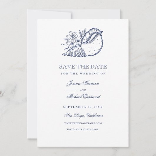 Elegant Classy Navy Seashell Beach Weddenfoto Save The Date (Voorkant)