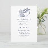 Elegant Classy Navy Seashell Beach Weddenfoto Save The Date (Staand voorkant)