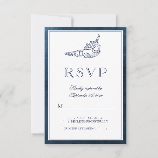 Elegant Classy Navy Seashell Beach Wedding RSVP Kaartje (Voorkant)