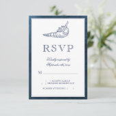 Elegant Classy Navy Seashell Beach Wedding RSVP Kaartje (Staand voorkant)