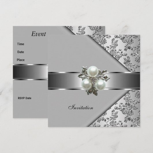 Elegant Classy Pearl Jewel Silver Floral uitnodige Kaart (Voorkant / Achterkant)