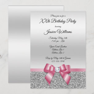 Elegant Classy Pink Bow & Silver Glitter Birthday Kaart