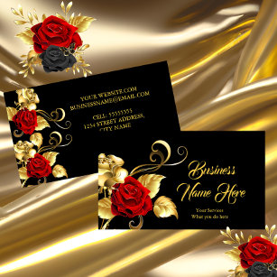 Elegant Classy Red Rose Black Gold Leaf Visitekaartje