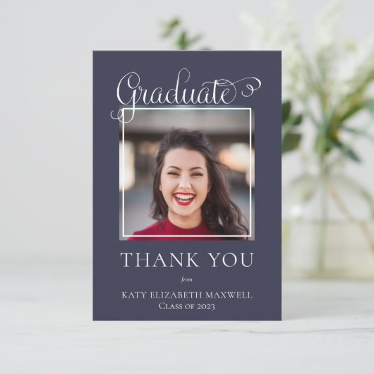 Elegant Classy Script Afstuderen Foto blauw Bedankkaart (Staand voorkant)