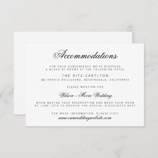Elegant Classy Script Wedding Accommodatie Card Informatiekaartje (Voorkant / Achterkant)
