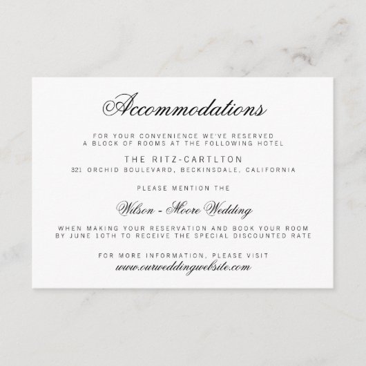 Elegant Classy Script Wedding Accommodatie Card Informatiekaartje (Voorkant)