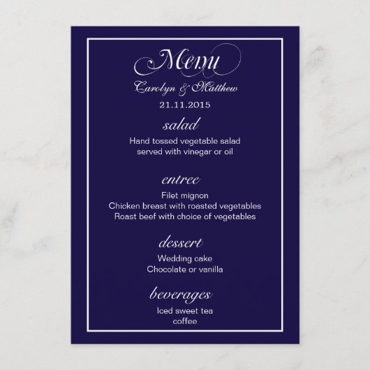 Elegant Classy Simple Navy Blue Wedding Menu (Voorkant)