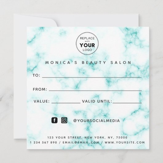 Elegant Classy Turquoise Marble Beauty Salon Logo (Achterkant)