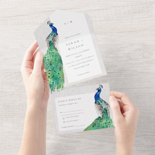 Elegant Classy Waterverf Peacock Wedding All In One Uitnodiging (Afscheurbaar)