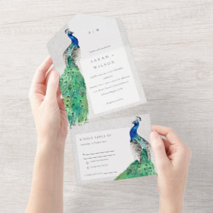 Elegant Classy  Waterverf Peacock Wedding All In One Uitnodiging