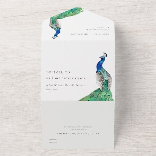 Elegant Classy Waterverf Peacock Wedding All In One Uitnodiging (Buitenkant)