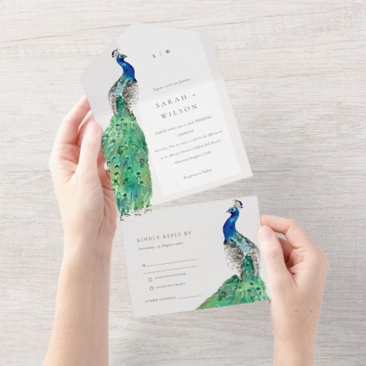 Elegant Classy  Waterverf Peacock Wedding All In One Uitnodiging (Afscheurbaar)