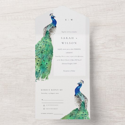 Elegant Classy Waterverf Peacock Wedding All In One Uitnodiging (Binnen)