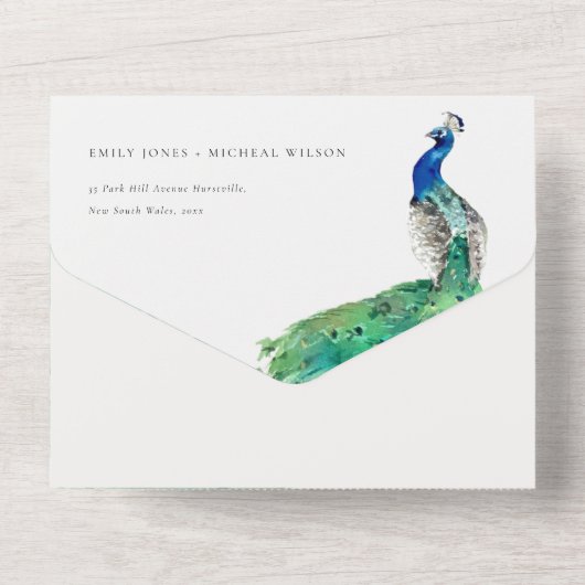 Elegant Classy  Waterverf Peacock Wedding All In One Uitnodiging (Achterkant)