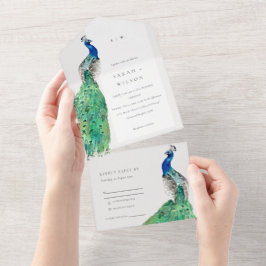 Elegant Classy  Waterverf Peacock Wedding All In One Uitnodiging