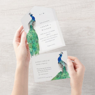 Elegant Classy  Waterverf Peacock Wedding All In One Uitnodiging
