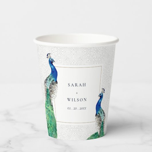 Elegant Classy  Waterverf Peacock Wedding Papieren Bekers (Achterkant)