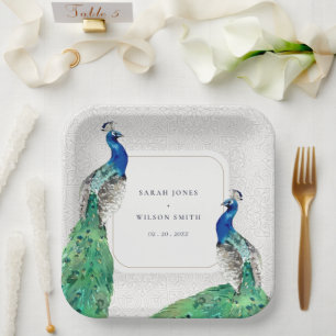 Elegant Classy  Waterverf Peacock Wedding Papieren Bordje